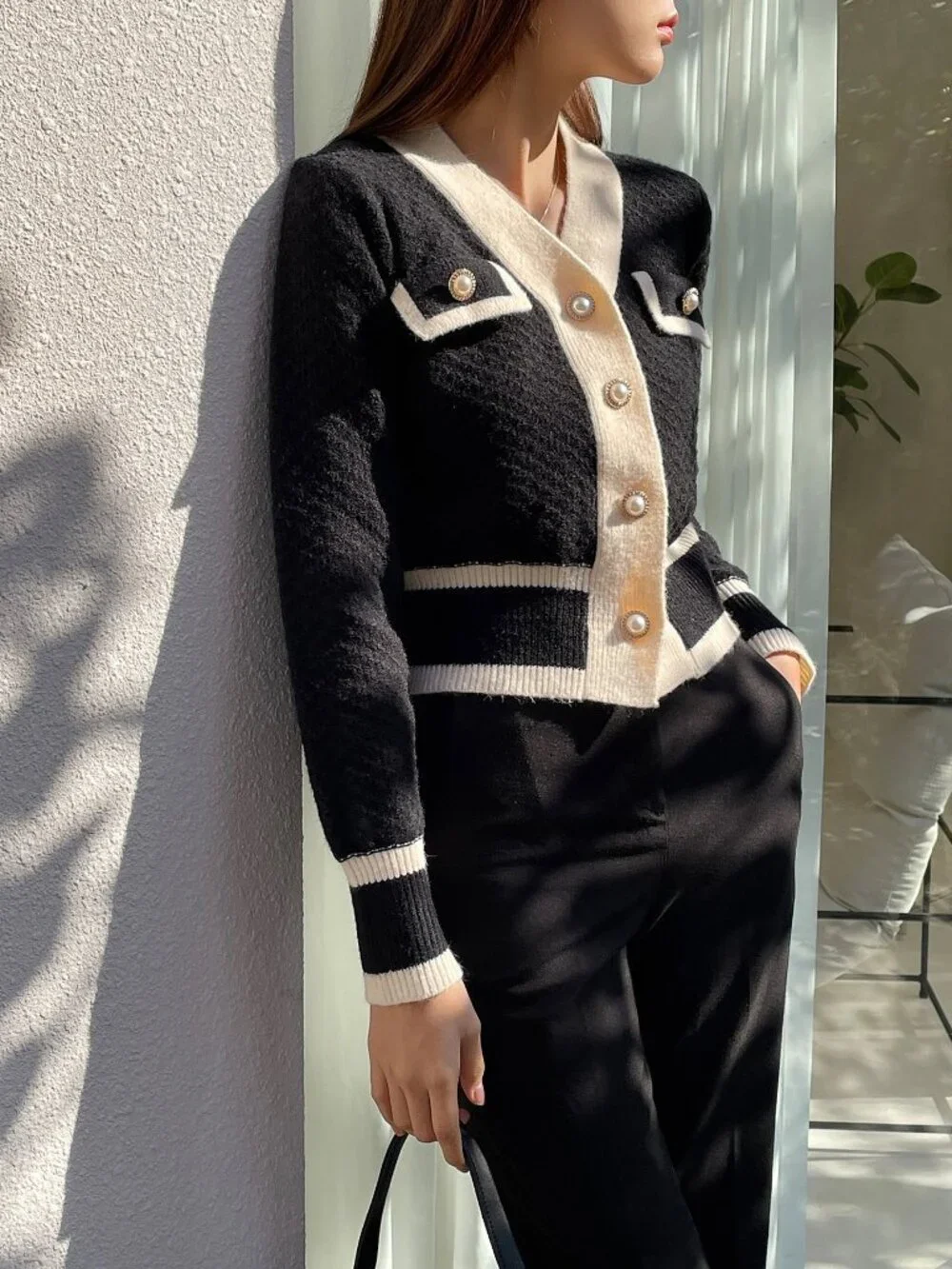 Black Casual Women's Colorblock Long Sleeve Button Design Cardigan